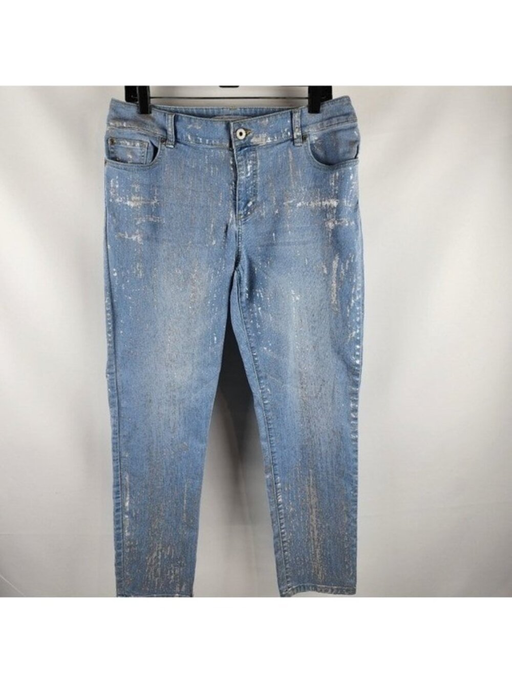 Chicos Womens Platinum Denim Silver Painted Blue Ankle Jeans Size 12R (32x27)